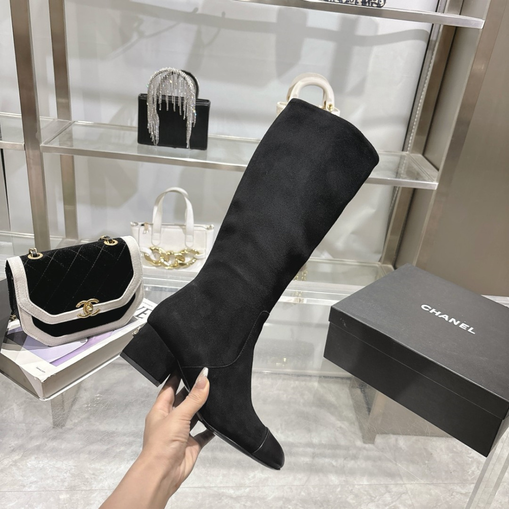 高仿Chanel*G45903B小牛皮高筒靴黑色5CM免檢版