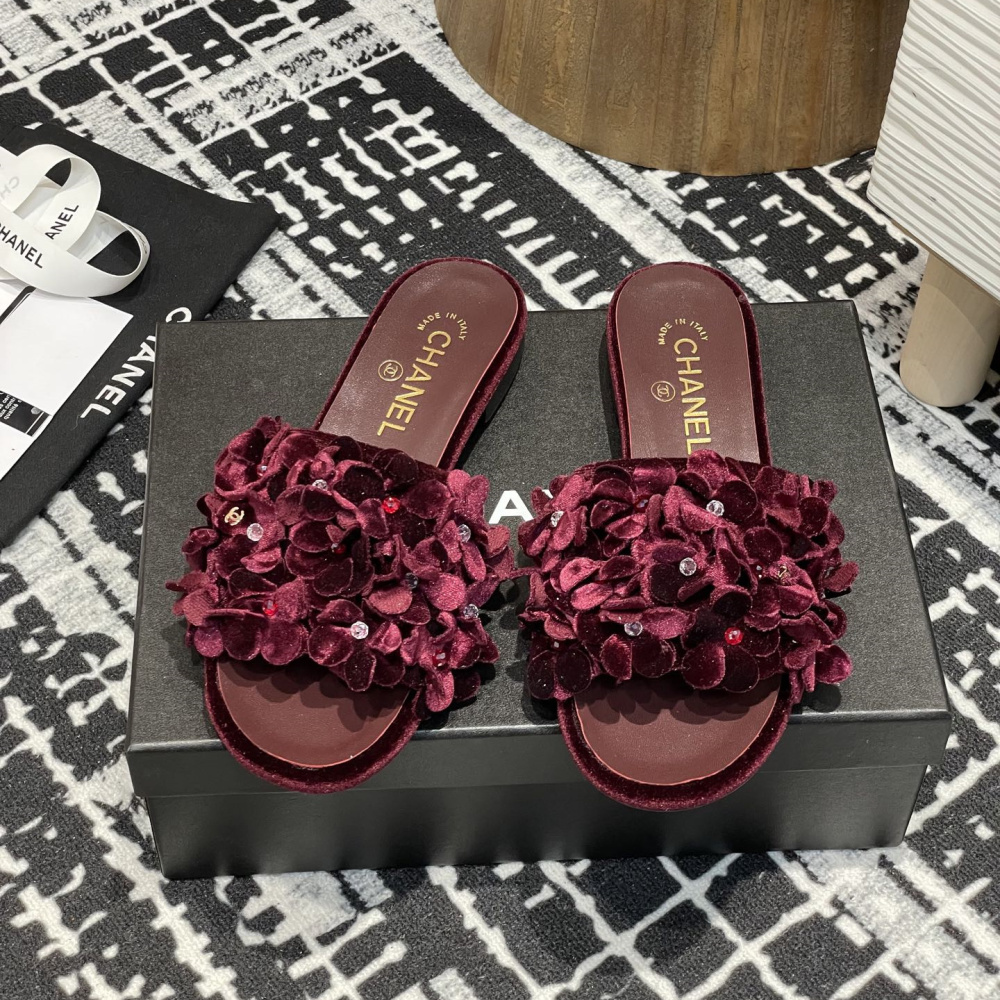 高仿Chanel*25P系列G46231D小羊皮花瓣拖鞋紅色1CM免檢版