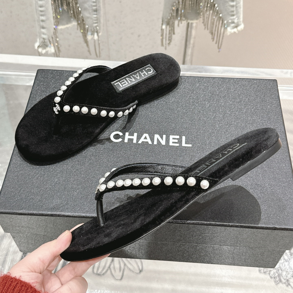 高仿Chanel*25C系列G46205B絲絨珍珠人字拖黑色免檢版