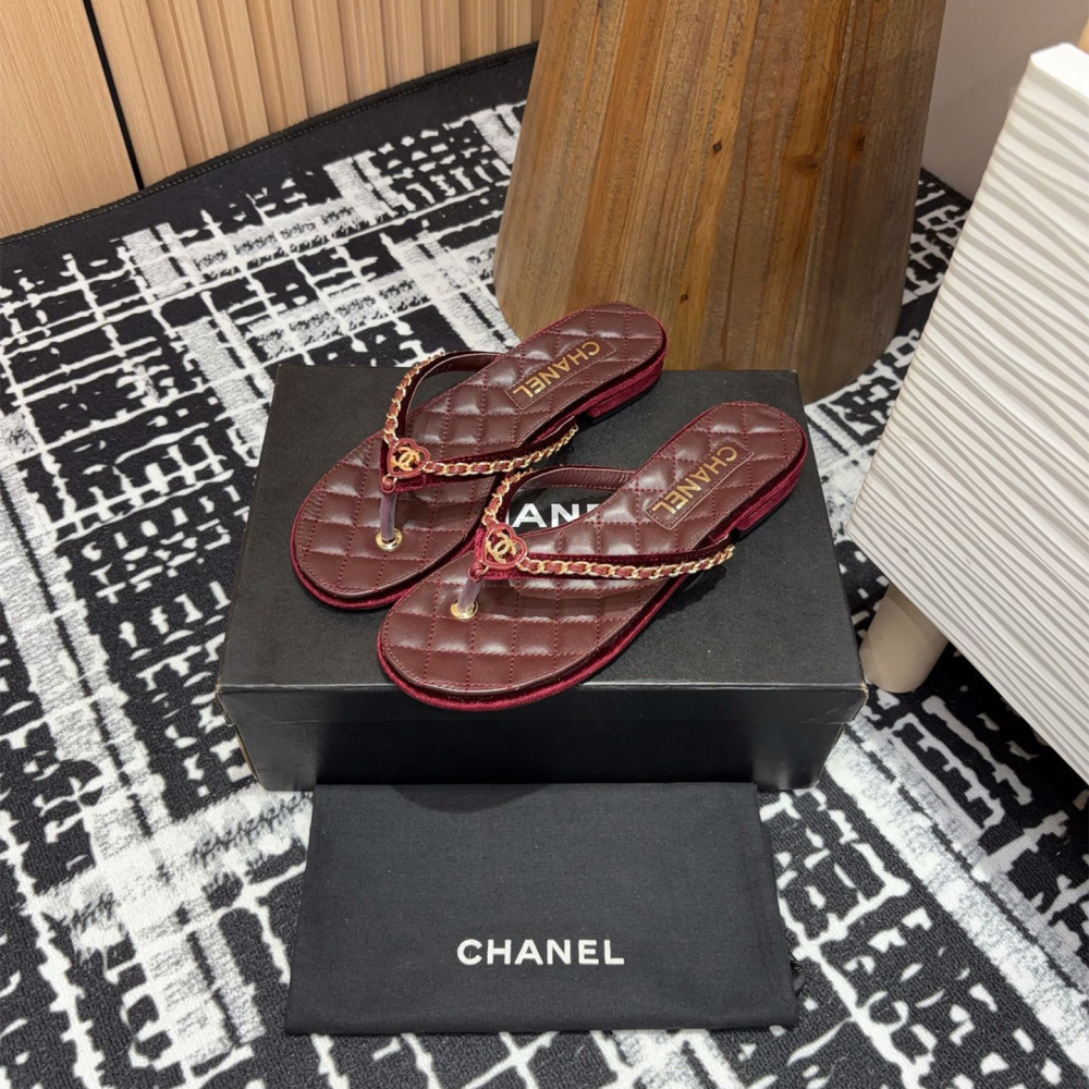 高仿Chanel*25C系列G46405A小羊皮防滑人字拖紅色免檢版