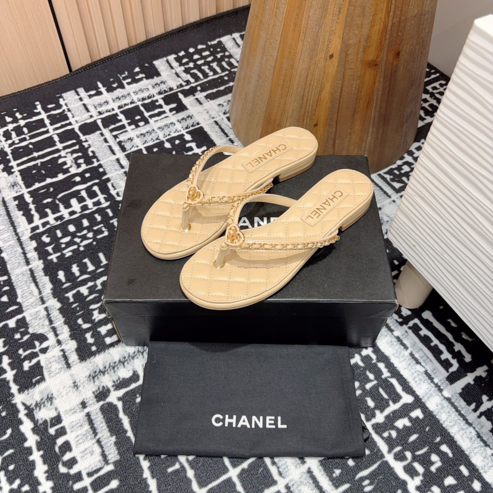 高仿Chanel*25C系列G46405B小羊皮防滑人字拖米黃免檢版