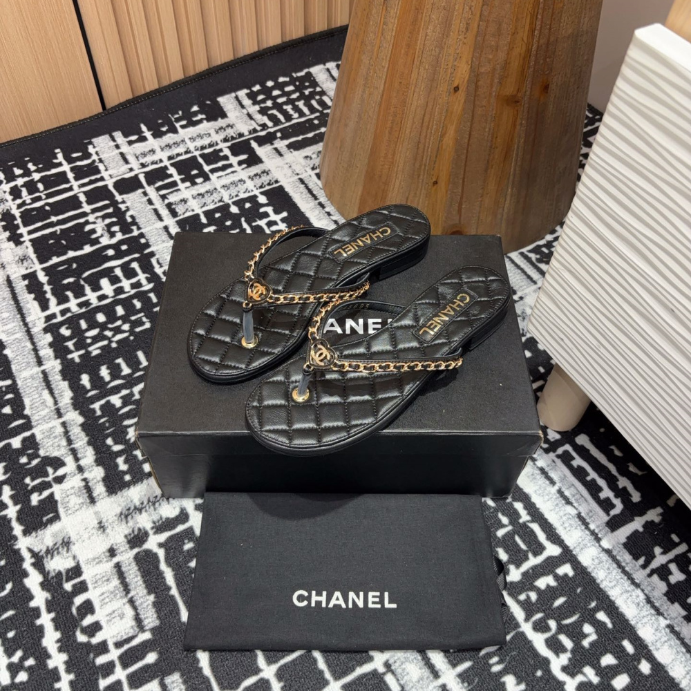 高仿Chanel*25C系列G46405X小羊皮防滑人字拖黑色免檢版
