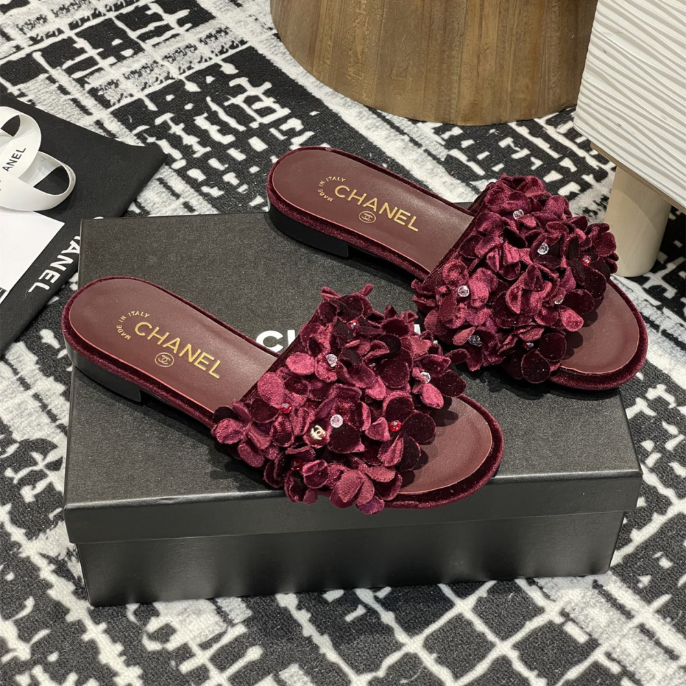高仿Chanel*25P系列G46231D小羊皮花瓣拖鞋紅色1CM免檢版