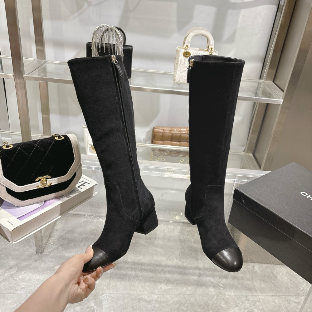 高仿Chanel*G45903B小牛皮高筒靴黑色5CM免檢版