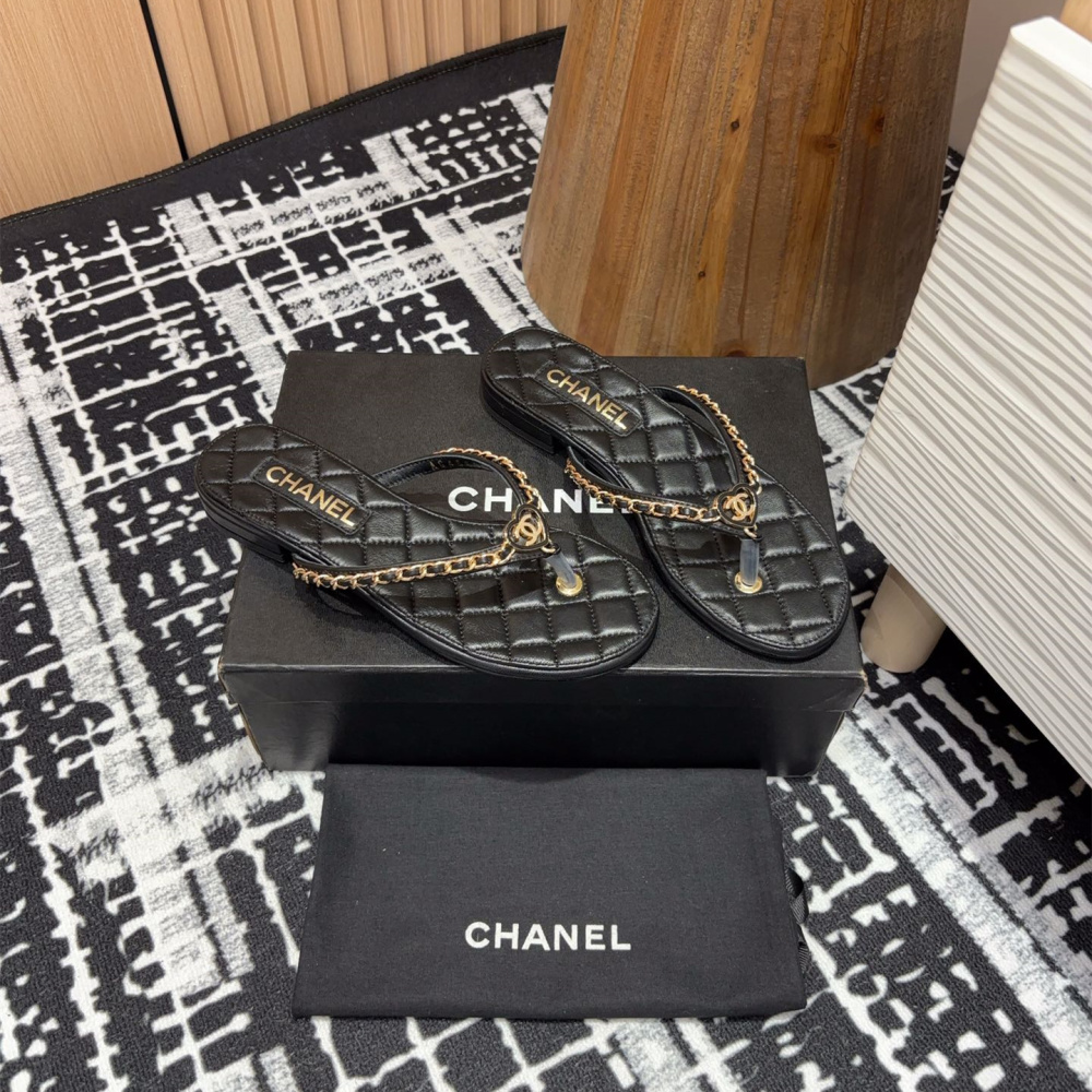 高仿Chanel*25C系列G46405X小羊皮防滑人字拖黑色免檢版