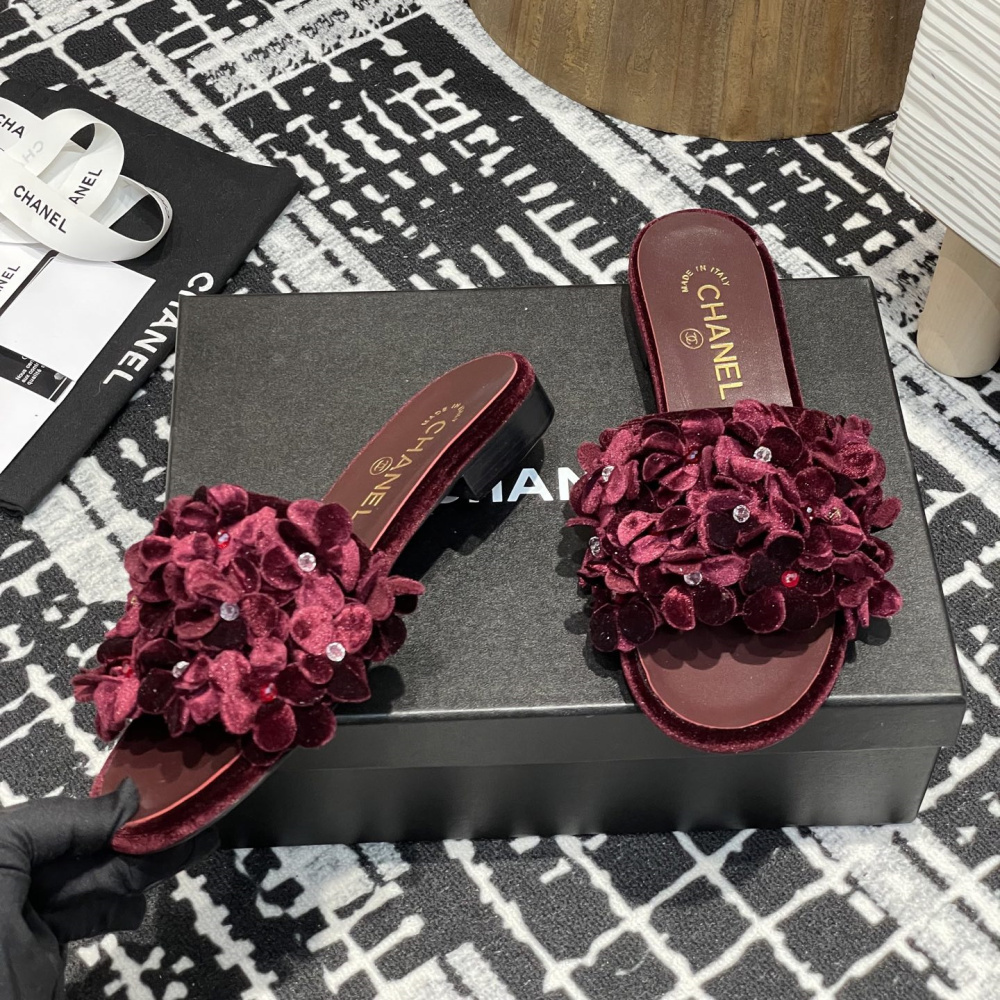 高仿Chanel*25P系列G46231D小羊皮花瓣拖鞋紅色1CM免檢版