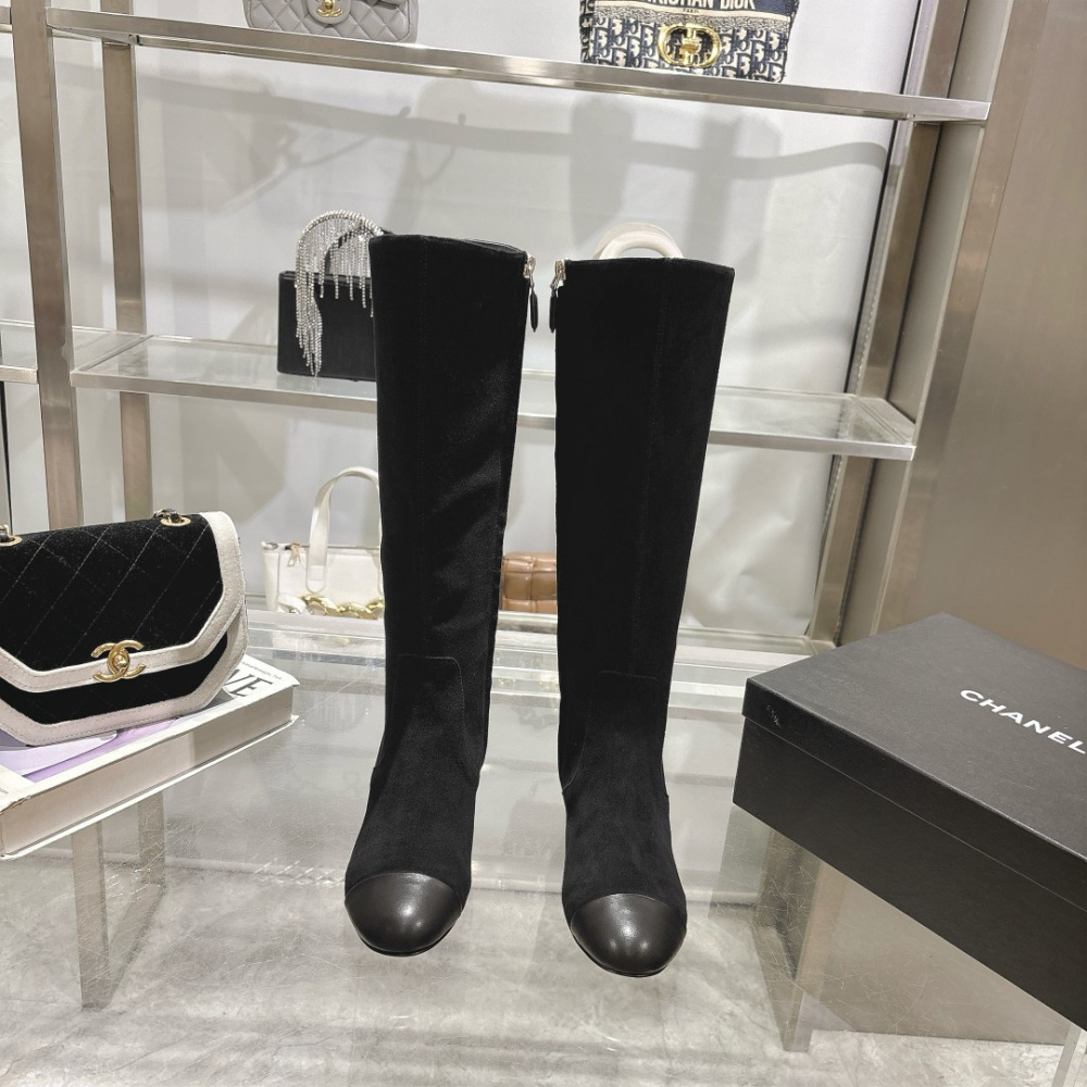 高仿Chanel*G45903B小牛皮高筒靴黑色5CM免檢版