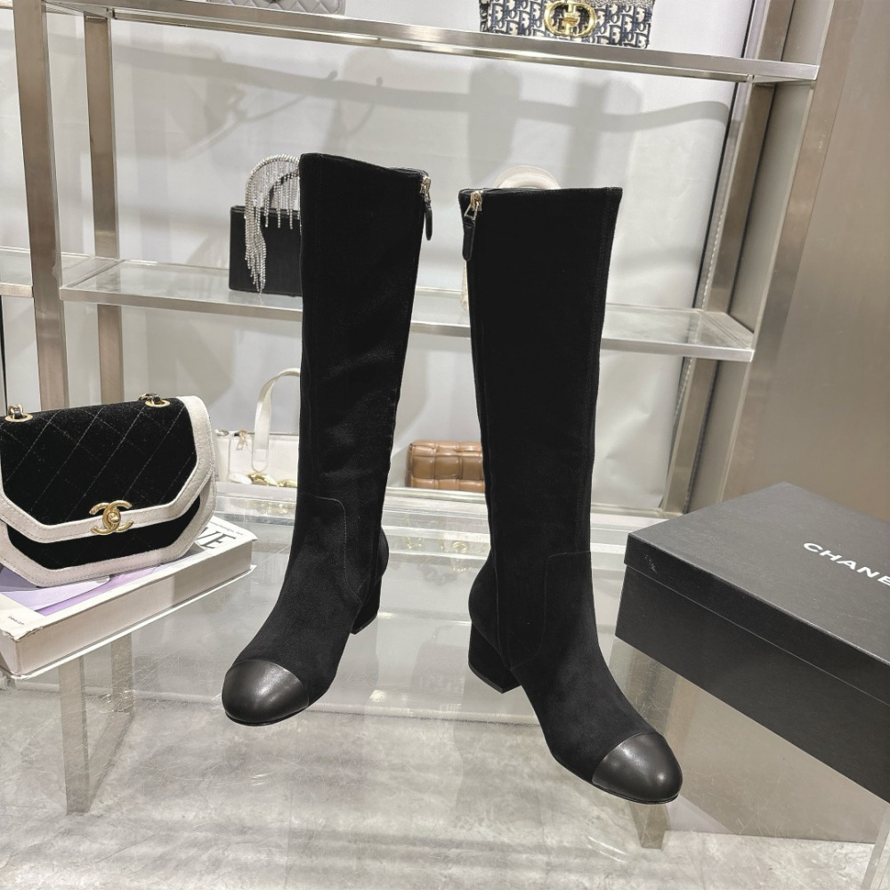 高仿Chanel*G45903B小牛皮高筒靴黑色5CM免檢版