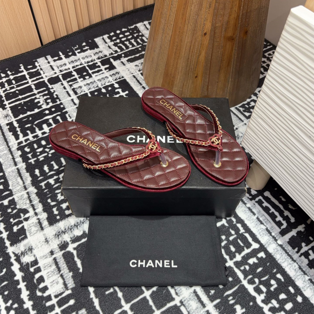 高仿Chanel*25C系列G46405A小羊皮防滑人字拖紅色免檢版