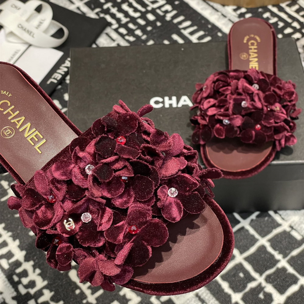 高仿Chanel*25P系列G46231D小羊皮花瓣拖鞋紅色1CM免檢版