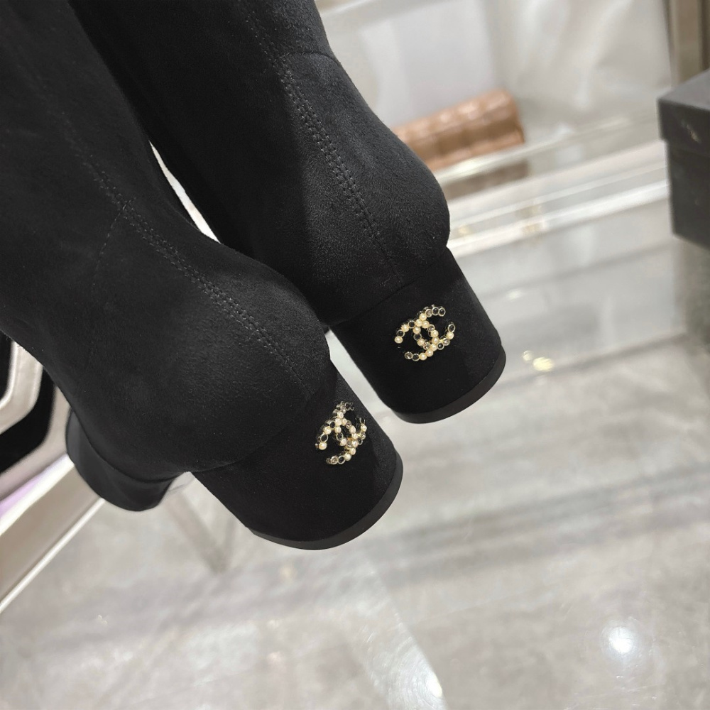 高仿Chanel*G45903B小牛皮高筒靴黑色5CM免檢版