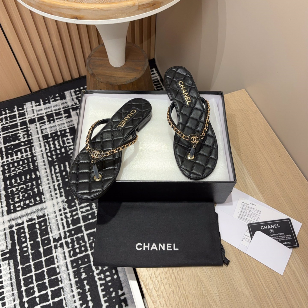 高仿Chanel*25C系列G46405X小羊皮防滑人字拖黑色免檢版