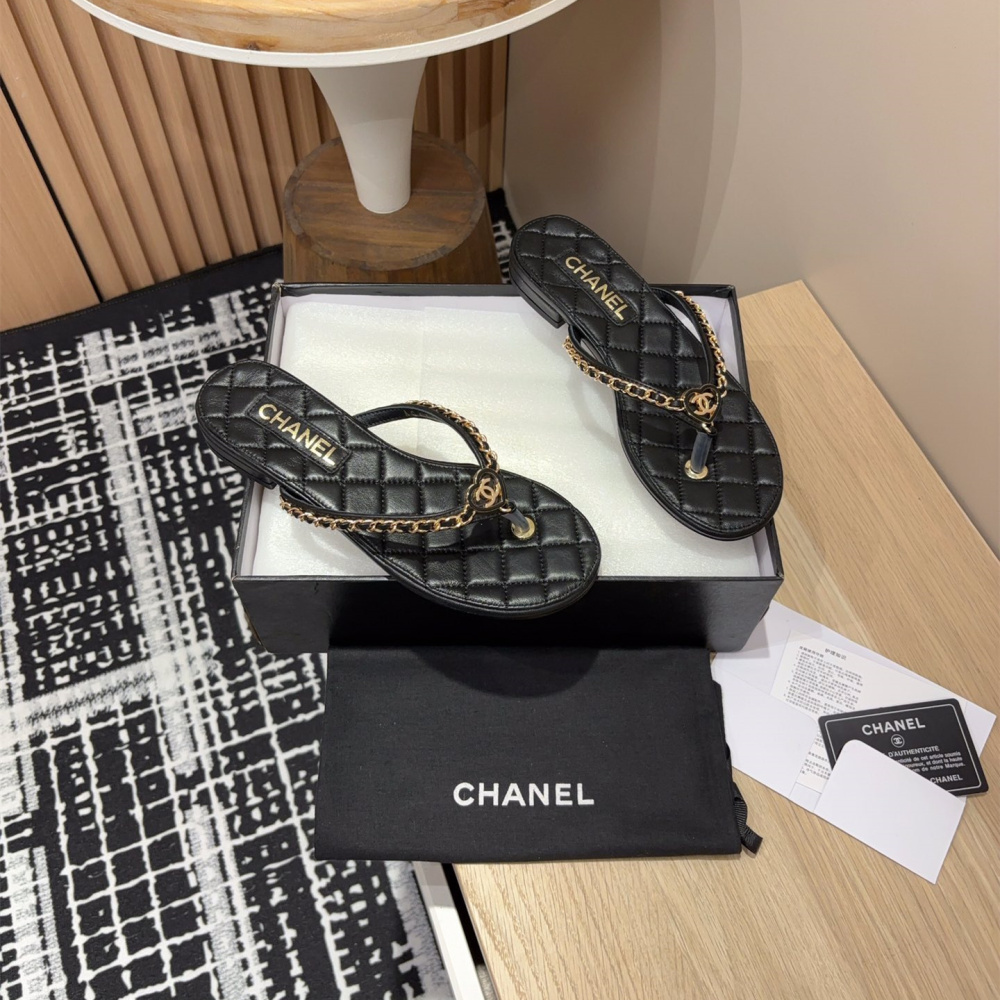 高仿Chanel*25C系列G46405X小羊皮防滑人字拖黑色免檢版