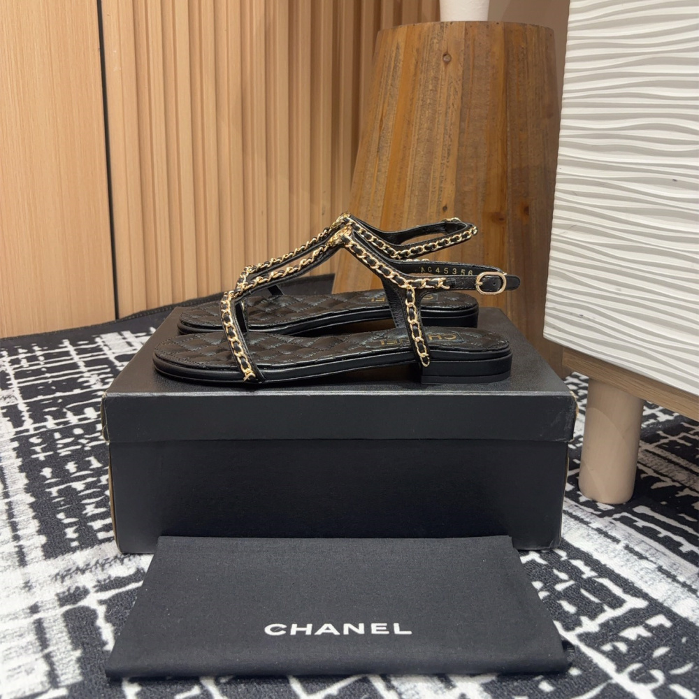 高仿Chanel*25C系列G46111X小羊皮平底涼鞋黑色5CM免檢版