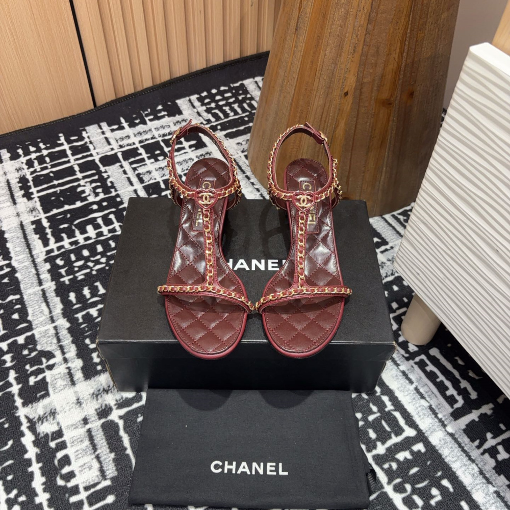 高仿Chanel*25C系列G36122A小羊皮中踭涼鞋紅色5CM免檢版