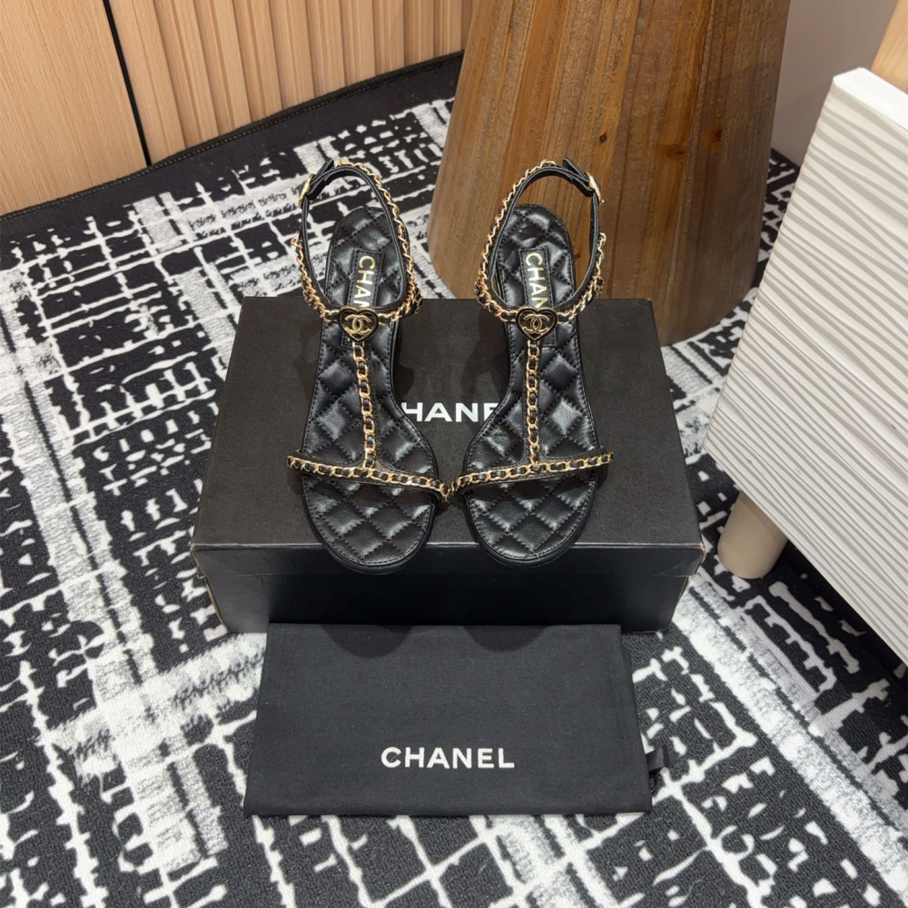 高仿Chanel*25C系列G46109X小羊皮高踭涼鞋黑色8.8CM免檢版