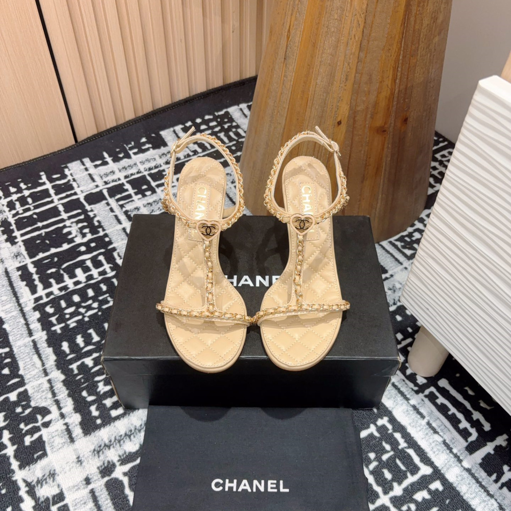 高仿Chanel*25C系列G46109B小羊皮高踭涼鞋米黃8.8CM免檢版