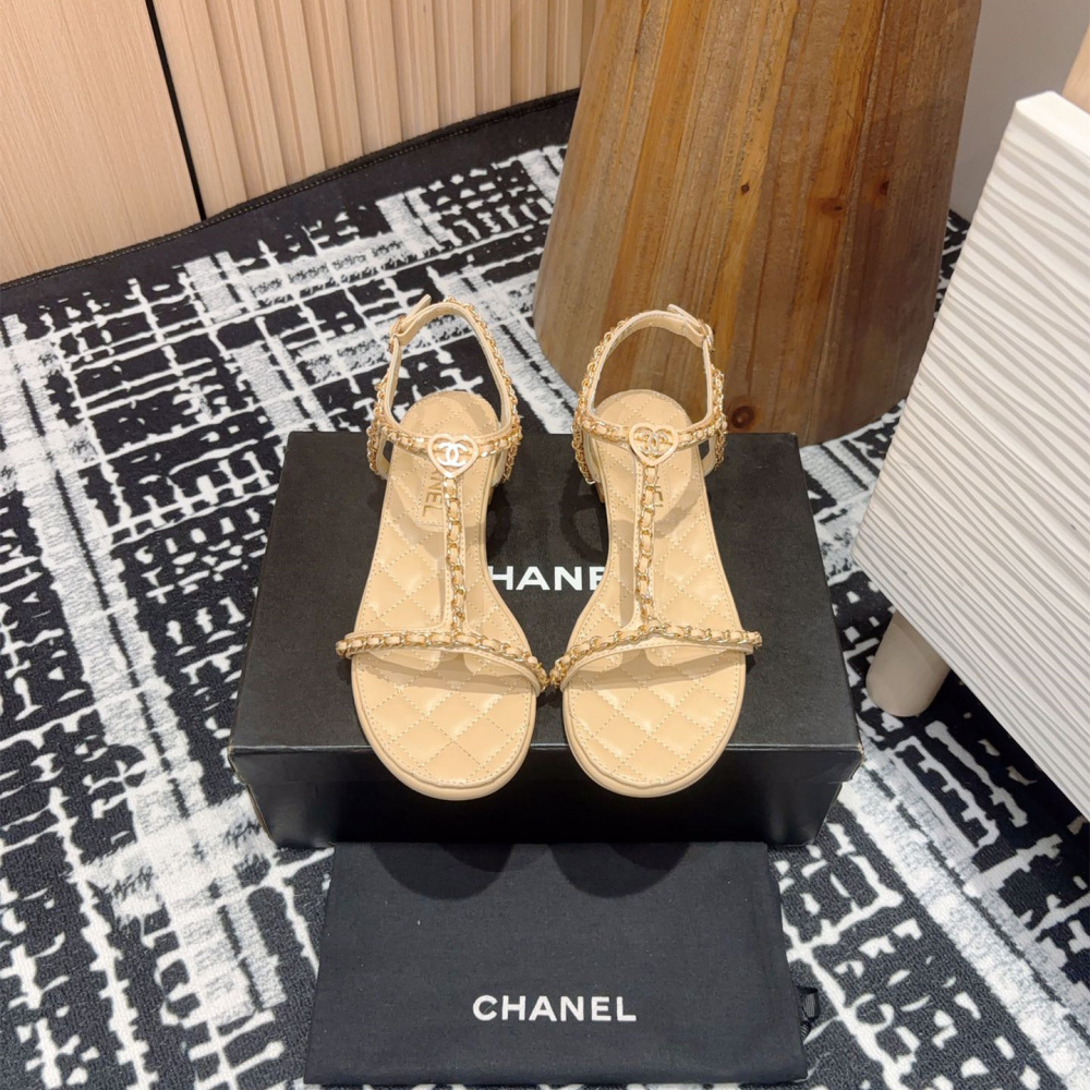 高仿Chanel*25C系列G46111B小羊皮平底涼鞋米黃免檢版