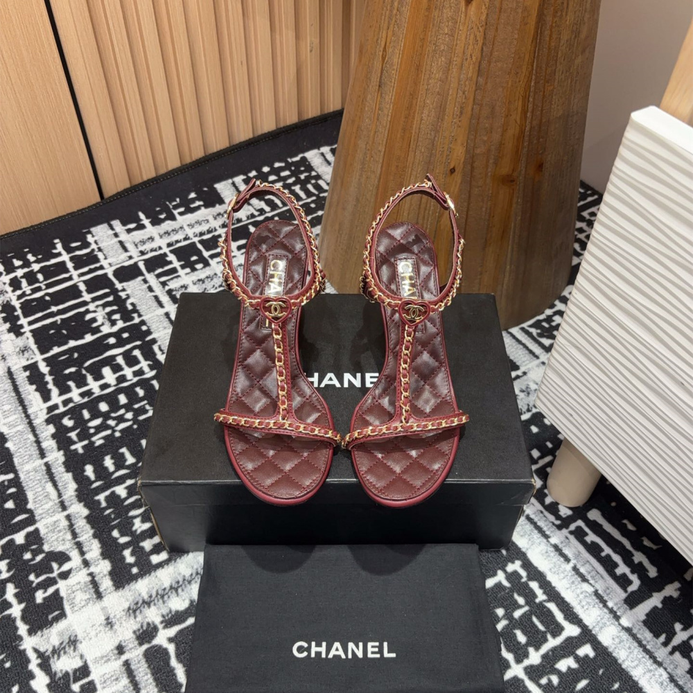 高仿Chanel*25C系列G46109A小羊皮高踭涼鞋紅色8.8CM免檢版