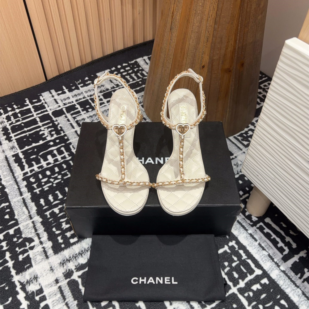 高仿Chanel*25C系列G46109C小羊皮高踭涼鞋白色8.8CM免檢版