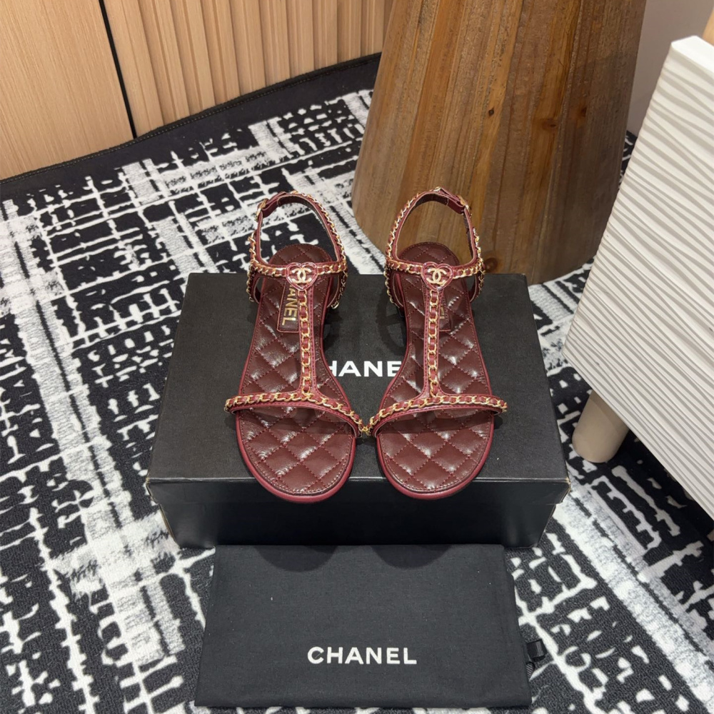高仿Chanel*25C系列G46111A小羊皮平底涼鞋紅色免檢版