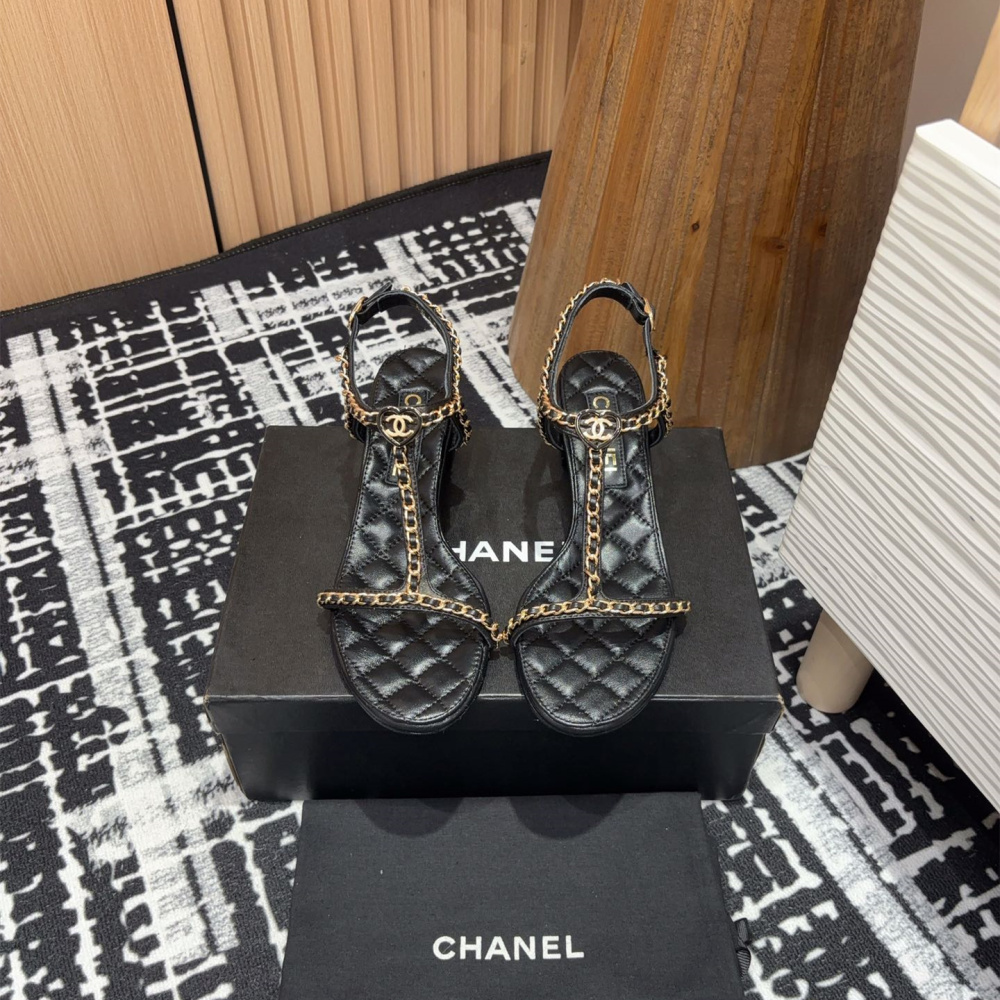 高仿Chanel*25C系列G36122X小羊皮中踭涼鞋黑色5CM免檢版