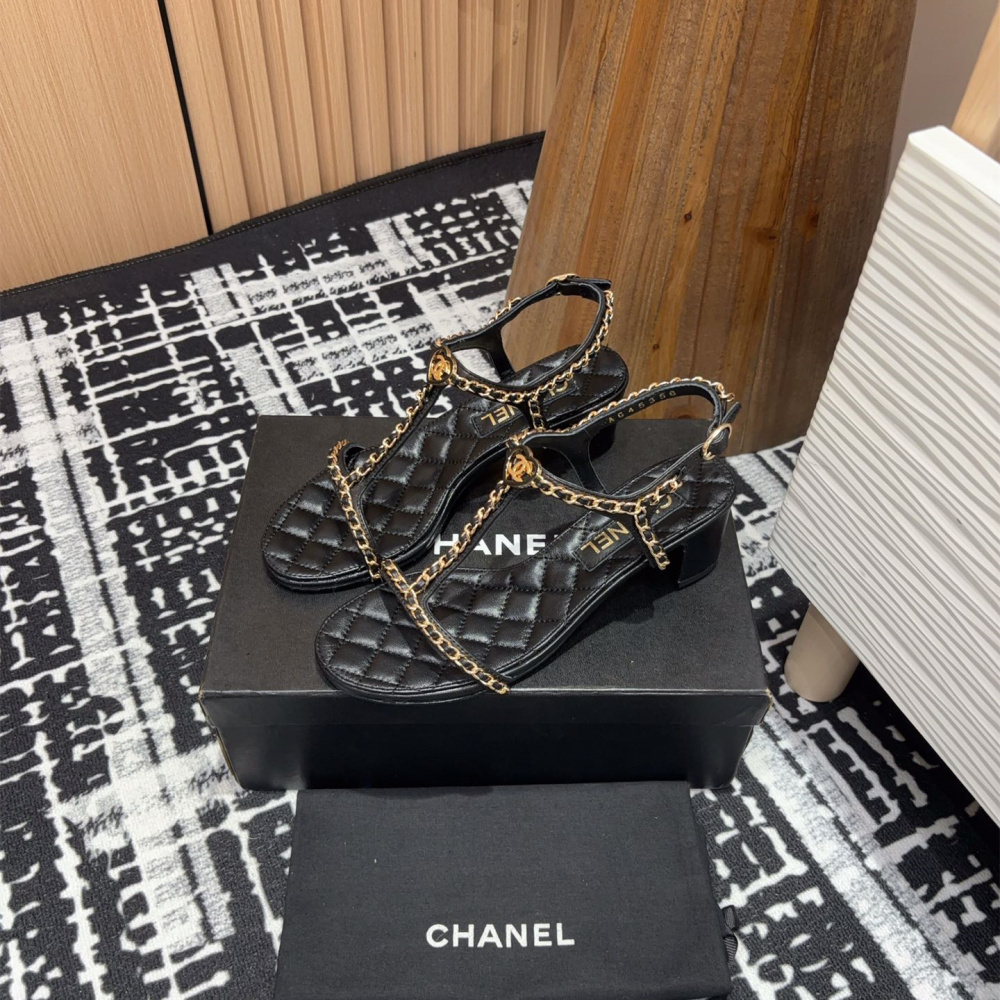 高仿Chanel*25C系列G36122X小羊皮中踭涼鞋黑色5CM免檢版