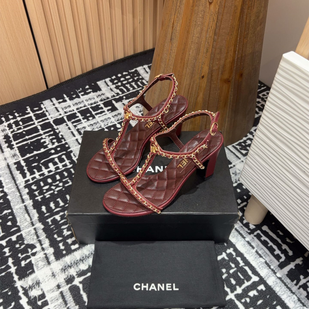 高仿Chanel*25C系列G46109A小羊皮高踭涼鞋紅色8.8CM免檢版