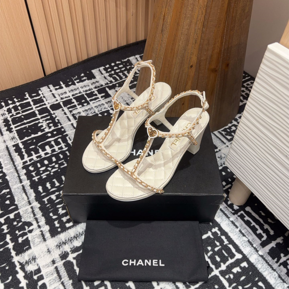 高仿Chanel*25C系列G46109C小羊皮高踭涼鞋白色8.8CM免檢版