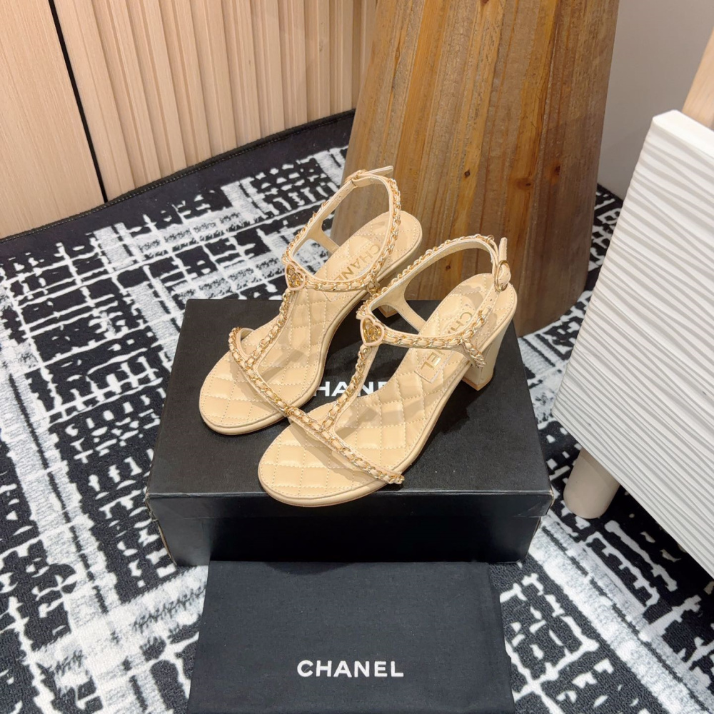 高仿Chanel*25C系列G46109B小羊皮高踭涼鞋米黃8.8CM免檢版
