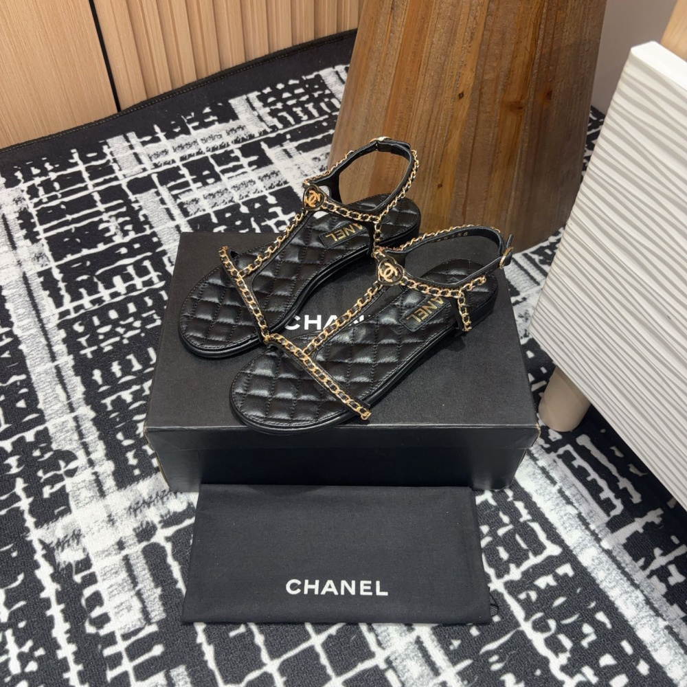 高仿Chanel*25C系列G46111X小羊皮平底涼鞋黑色5CM免檢版