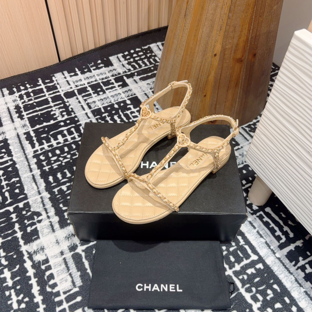 高仿Chanel*25C系列G46111B小羊皮平底涼鞋米黃免檢版