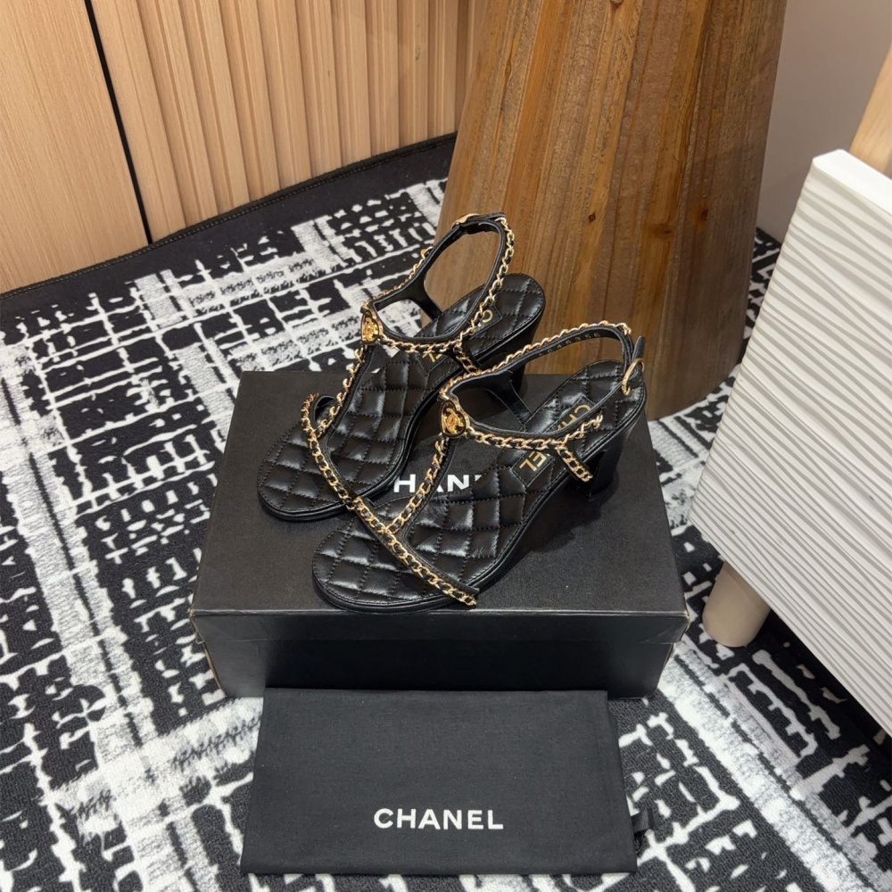 高仿Chanel*25C系列G46109X小羊皮高踭涼鞋黑色8.8CM免檢版