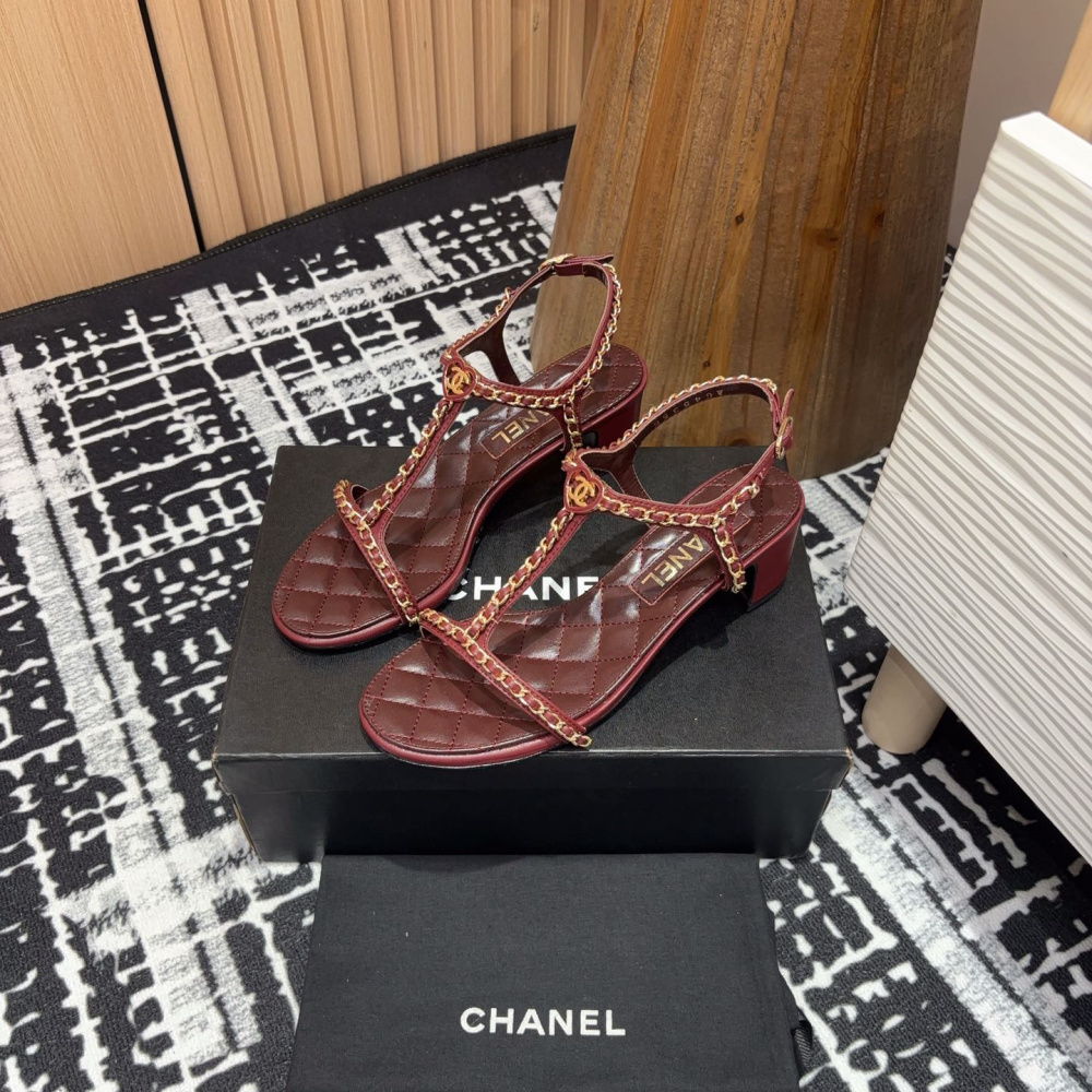 高仿Chanel*25C系列G36122A小羊皮中踭涼鞋紅色5CM免檢版