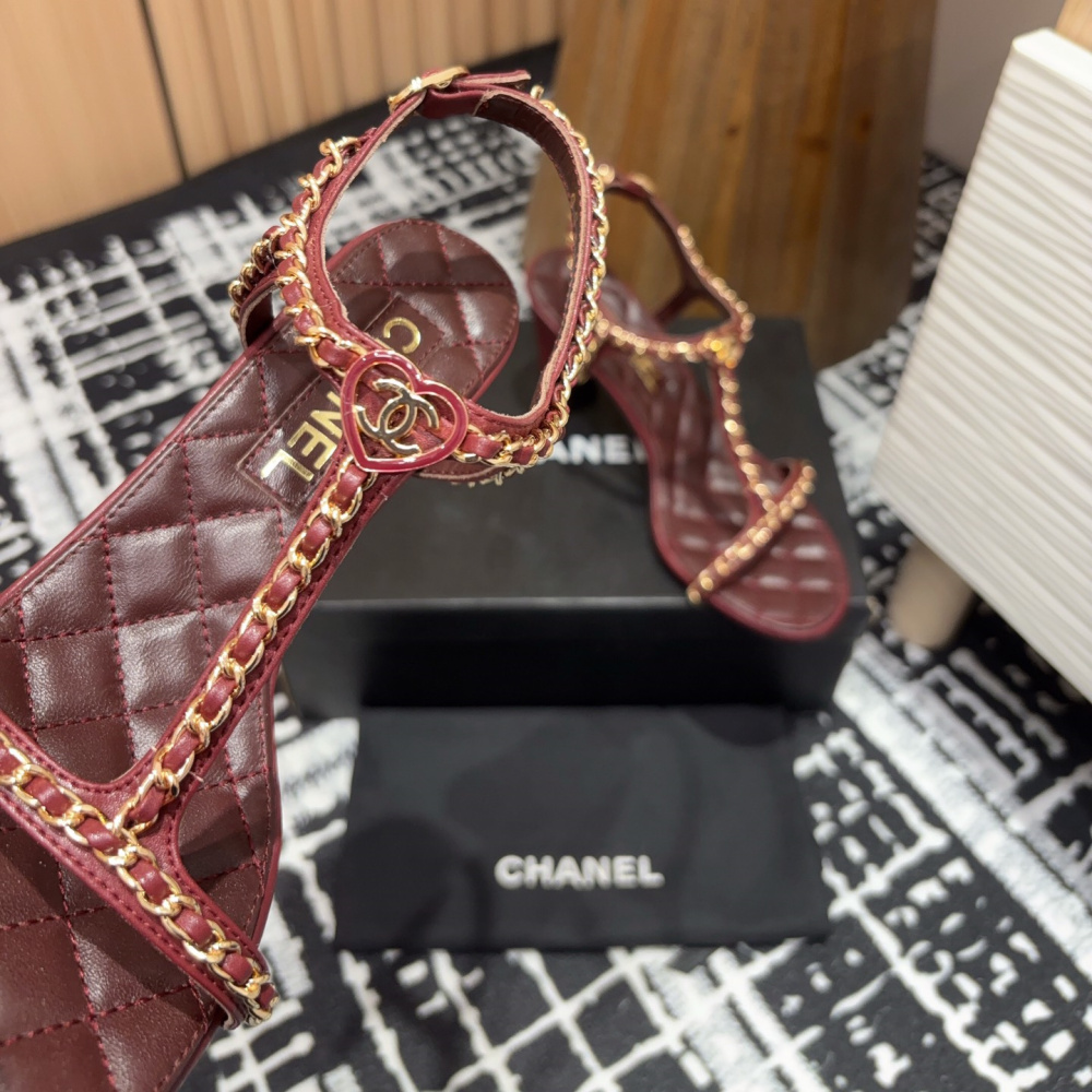 高仿Chanel*25C系列G46109A小羊皮高踭涼鞋紅色8.8CM免檢版