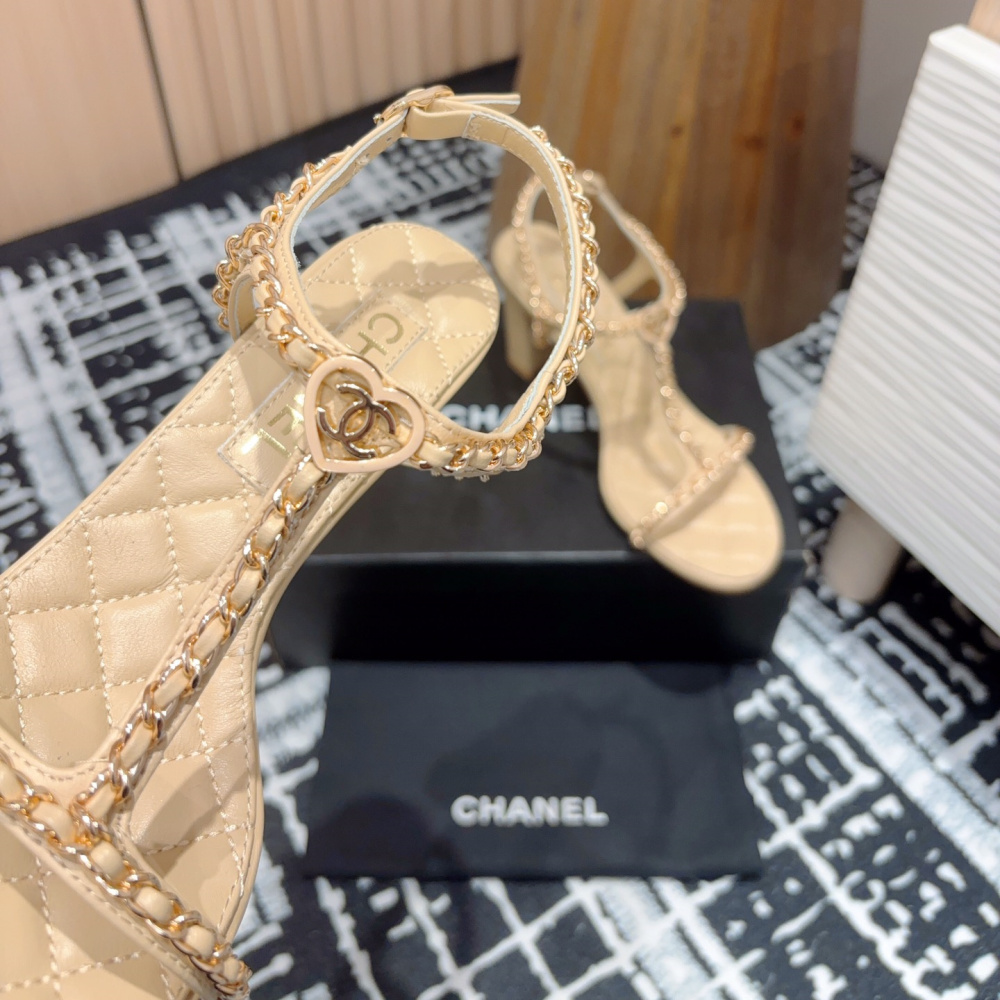 高仿Chanel*25C系列G46109B小羊皮高踭涼鞋米黃8.8CM免檢版