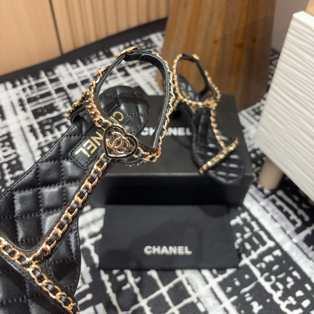 高仿Chanel*25C系列G46109X小羊皮高踭涼鞋黑色8.8CM免檢版