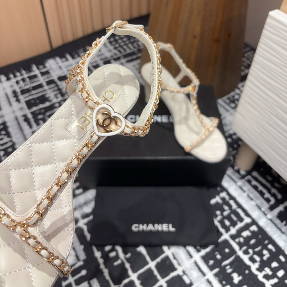 高仿Chanel*25C系列G46109C小羊皮高踭涼鞋白色8.8CM免檢版