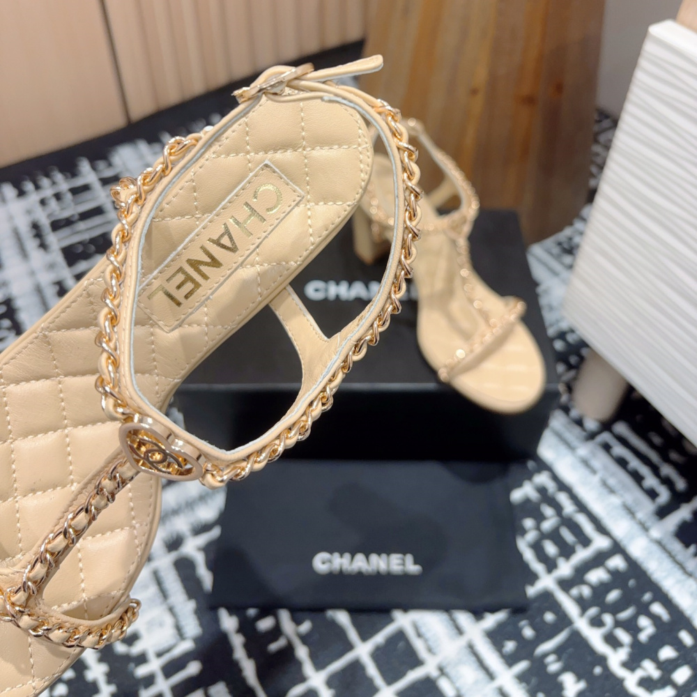 高仿Chanel*25C系列G46109B小羊皮高踭涼鞋米黃8.8CM免檢版