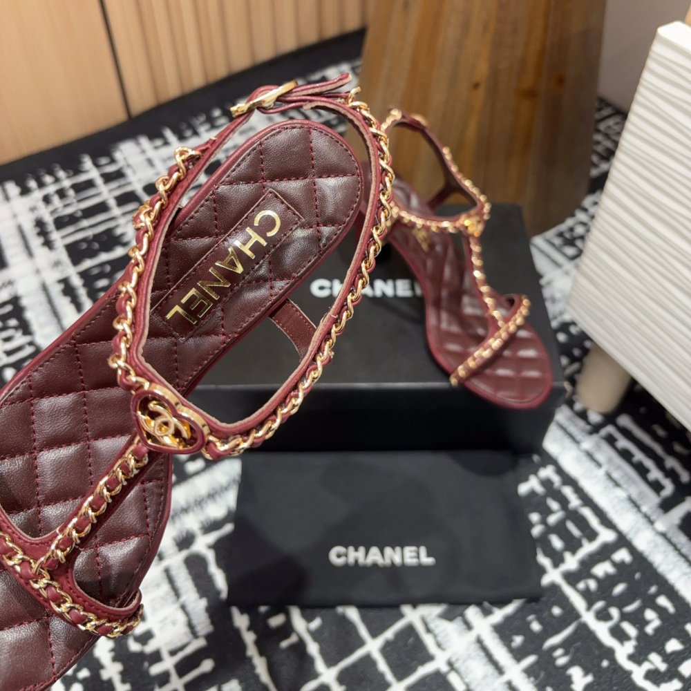 高仿Chanel*25C系列G46109A小羊皮高踭涼鞋紅色8.8CM免檢版
