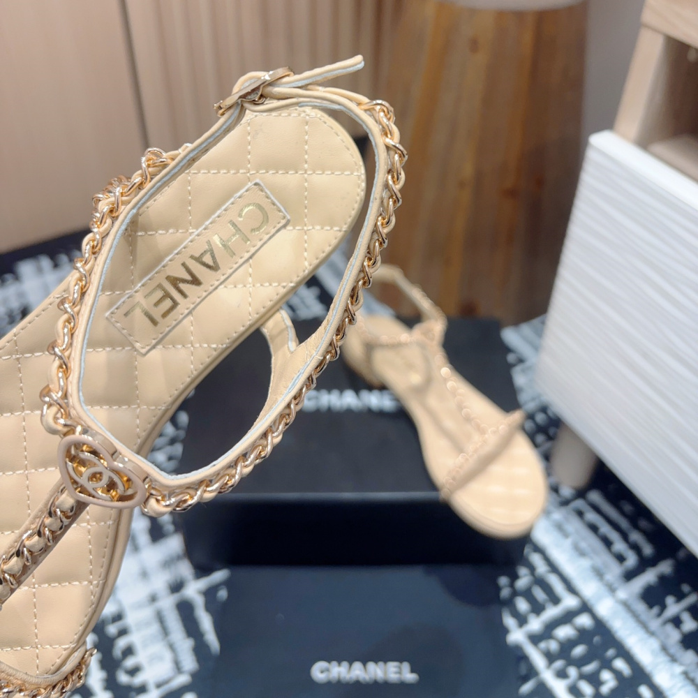 高仿Chanel*25C系列G46111B小羊皮平底涼鞋米黃免檢版