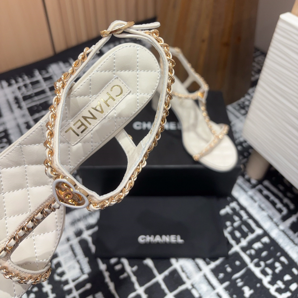 高仿Chanel*25C系列G46109C小羊皮高踭涼鞋白色8.8CM免檢版