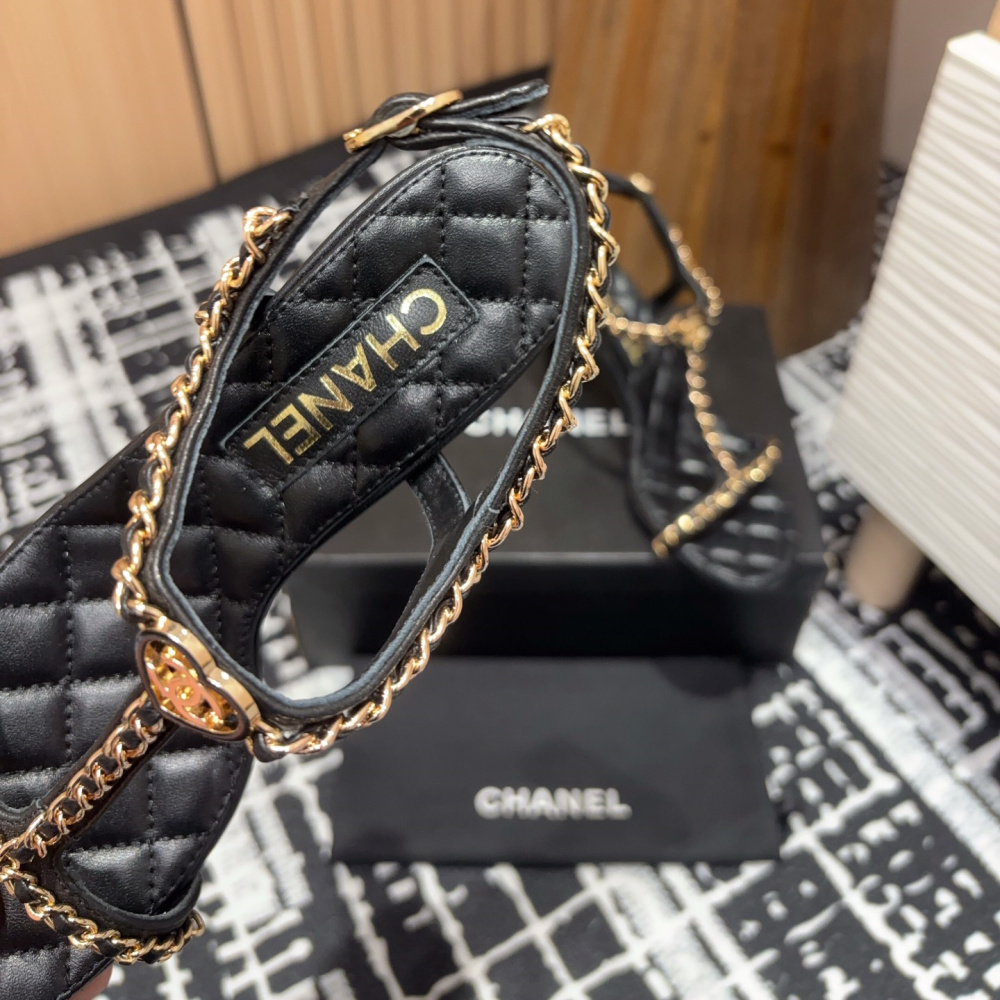 高仿Chanel*25C系列G46109X小羊皮高踭涼鞋黑色8.8CM免檢版