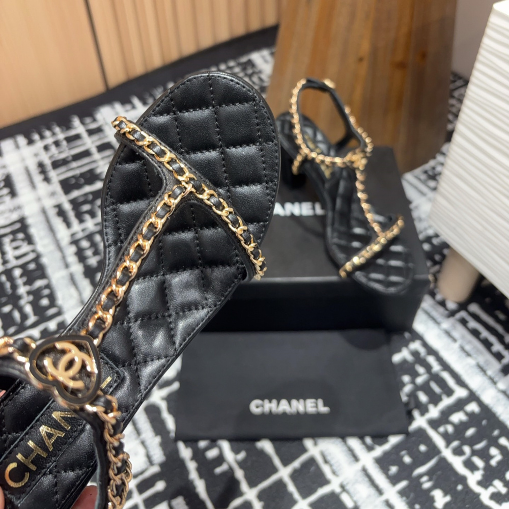 高仿Chanel*25C系列G46109X小羊皮高踭涼鞋黑色8.8CM免檢版