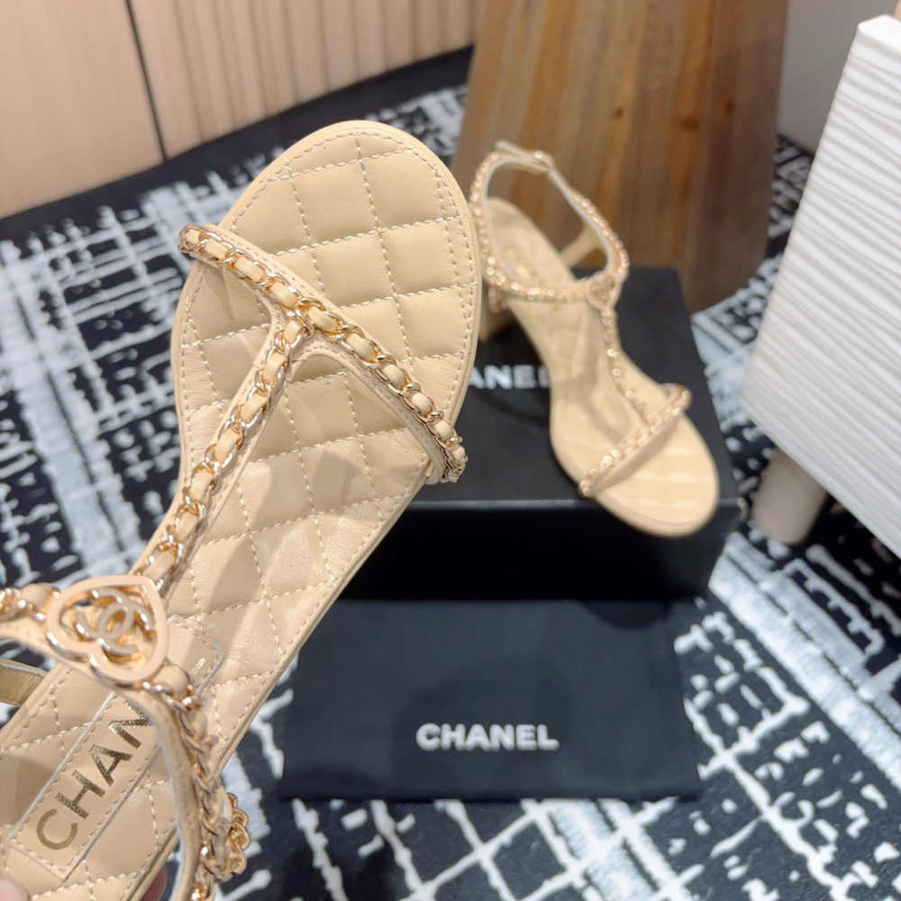 高仿Chanel*25C系列G46109B小羊皮高踭涼鞋米黃8.8CM免檢版