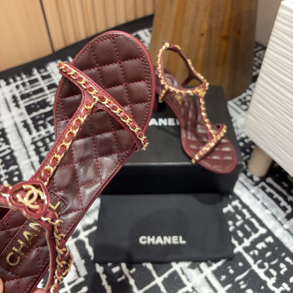 高仿Chanel*25C系列G46109A小羊皮高踭涼鞋紅色8.8CM免檢版