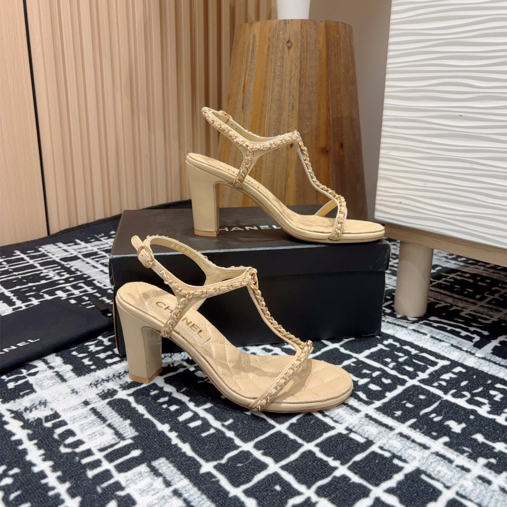 高仿Chanel*25C系列G46109B小羊皮高踭涼鞋米黃8.8CM免檢版
