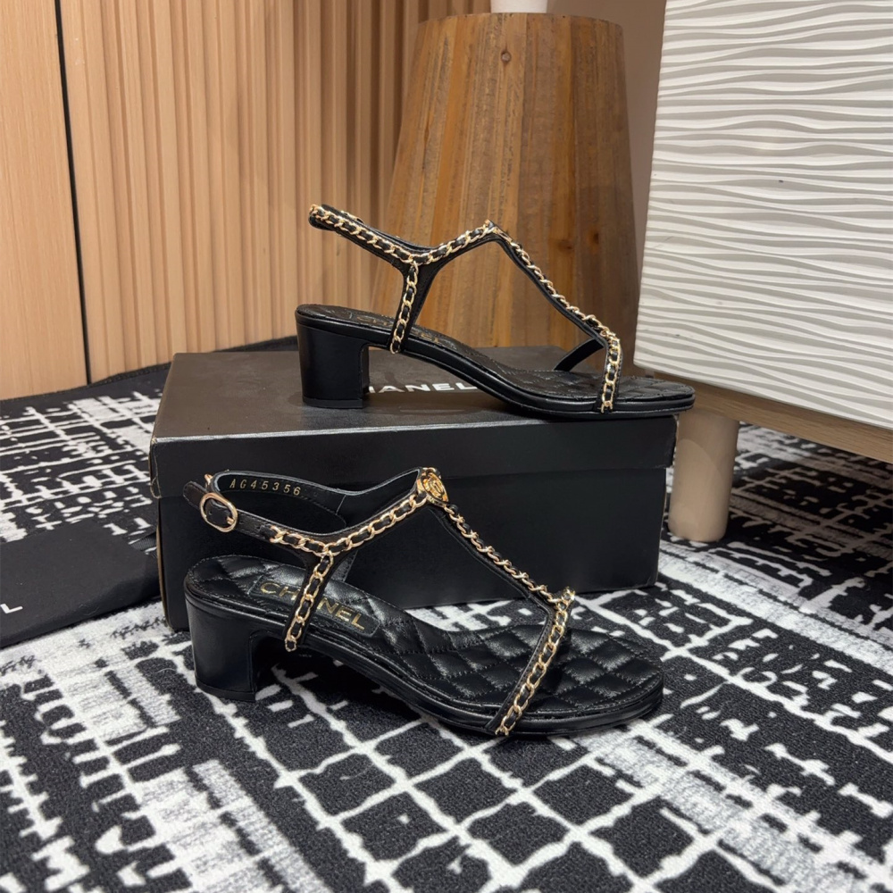 高仿Chanel*25C系列G36122X小羊皮中踭涼鞋黑色5CM免檢版