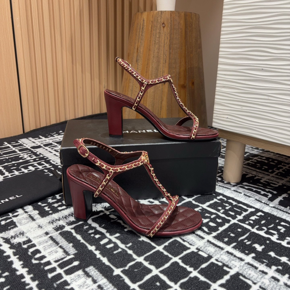 高仿Chanel*25C系列G46109A小羊皮高踭涼鞋紅色8.8CM免檢版