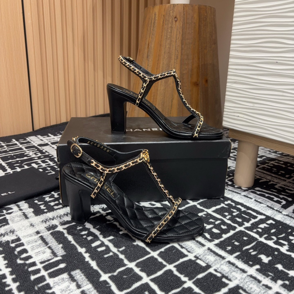 高仿Chanel*25C系列G46109X小羊皮高踭涼鞋黑色8.8CM免檢版